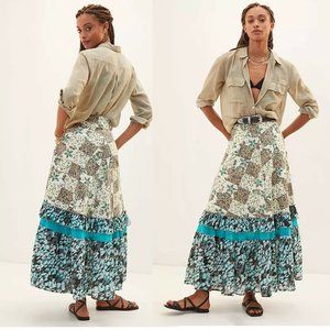 Anthropologie Patchwork Floral Maxi Skirt in Teal, White, Brown